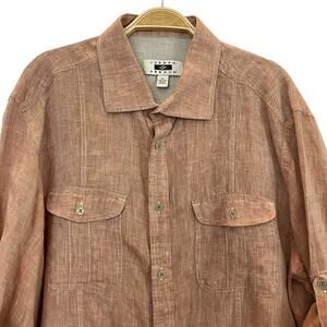Joseph Abboud Linen Shirt Men XL Taupe Tan Button Up Flip Cuffs Roll Tab Sleeve